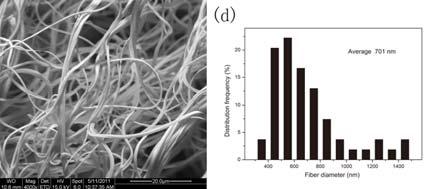 and 701 nm, respectively. Fiber strands were observed from the SEM photo of the 16% solution, which led to a significant increase of the average fiber diameter.