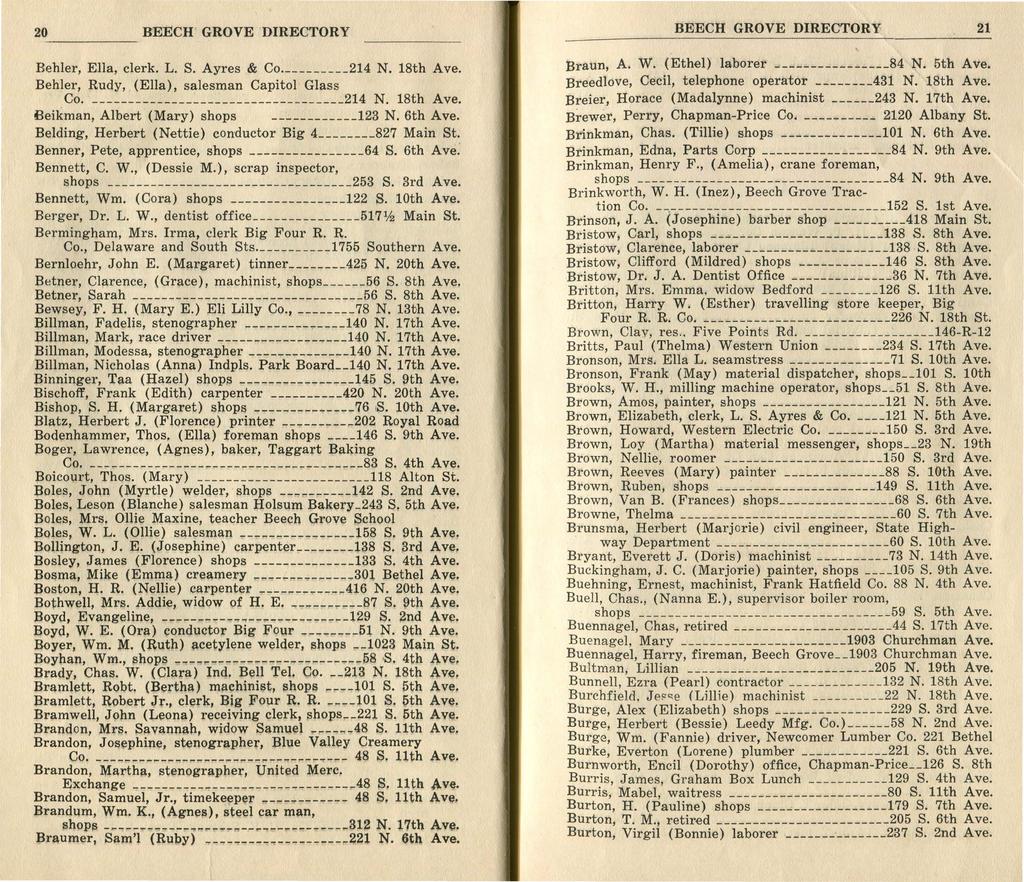 21 BEECH' GROVE DIRECTORY Behler, Ella, clerk L S Ayres & Co 214 N 18th Ave Behler, Rudy, (Ella), salesman Capitol Glass Co -----------------------------------214 N 18th Ave Beikman, Albert (Mary)