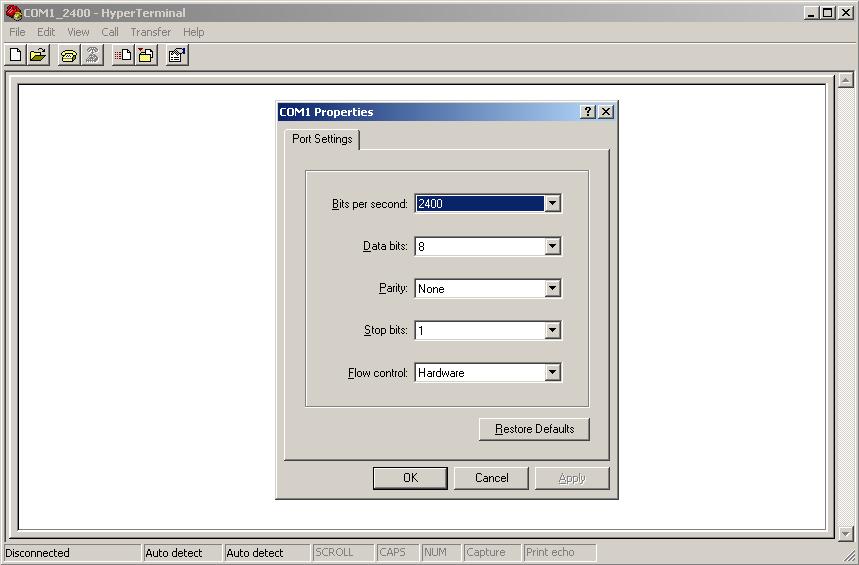 You will advance to the COM properties dialog. Select the Bits per second to match the connection name and modem communication speed.