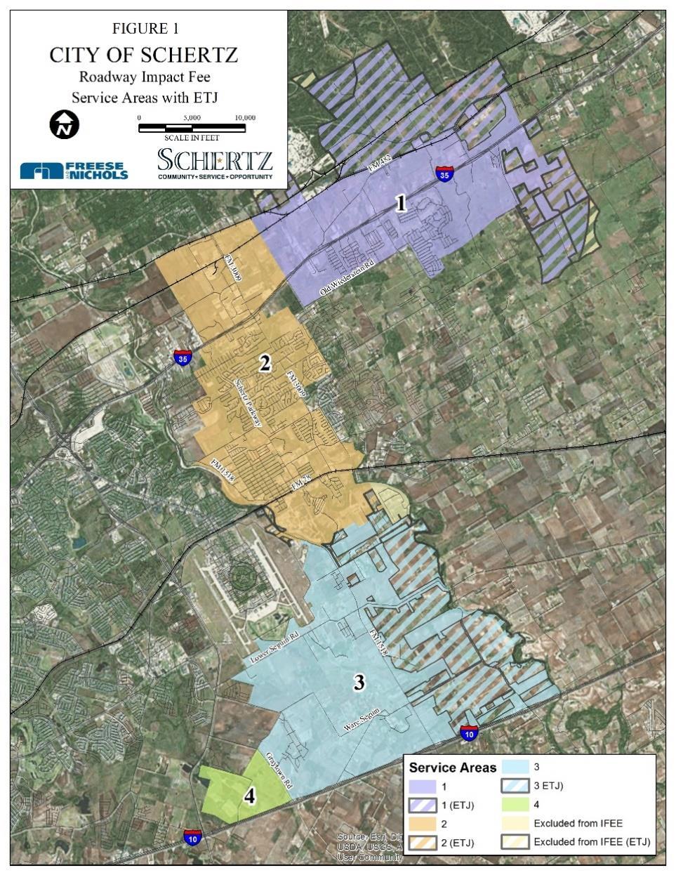 6. Base and ten-year demographics were prepared for the various roadway service areas which, in turn, correlate with the current municipal limits of Schertz. 3.