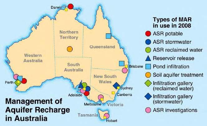 Australia Adelaide ~22 ASR schemes using ponds, galleries & injection bores recharge treated stormwater and wastewater mostly confined limestone aquifers Perth sand aquifers gw supplies