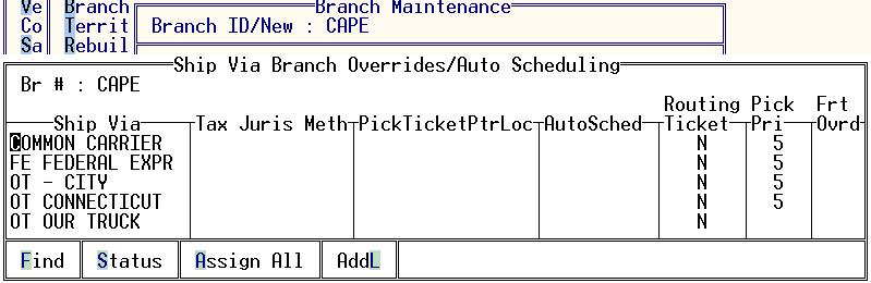 Setting Up New Branches in Eterm Verify Ship Via Records Assigned to New Branch Within the new branch, display the Ship Via screen (Alt-S) and assign the Ship Via records to the branch.