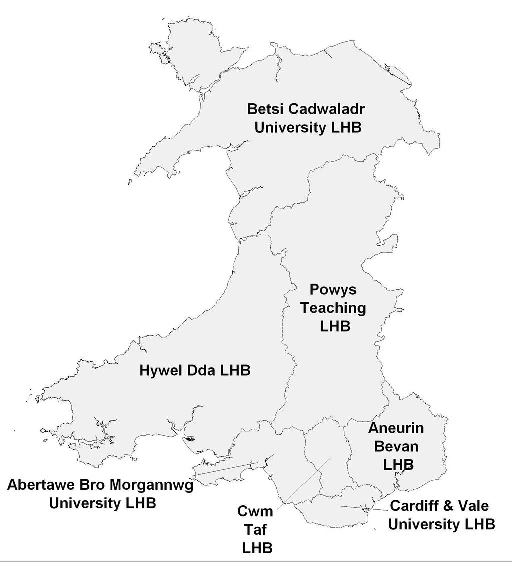 Figure 8.1: Local Health Boards in Wales For this research we will concentrate on the services undertaken in the Cardiff and Vale University Health Board, who provide a full HCS.