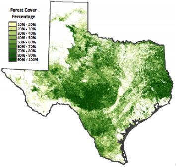 Figure 1. Texas Forest Cover Percentage. Source: (6). In East Texas, 33 out of the 43 counties in the region count the wood and timber sector as a top-five manufacturing employer (7).