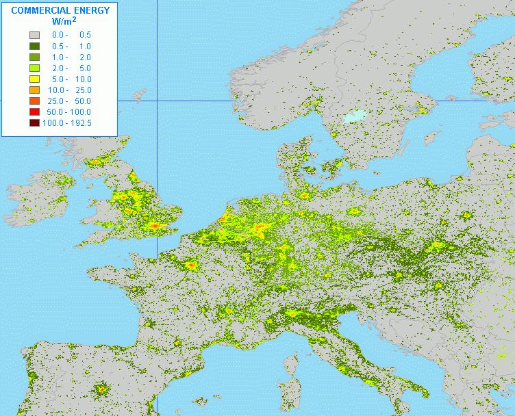 Europe: Power Density of Demand (W/m 2 ): Grey areas indicate where biomass or wind can