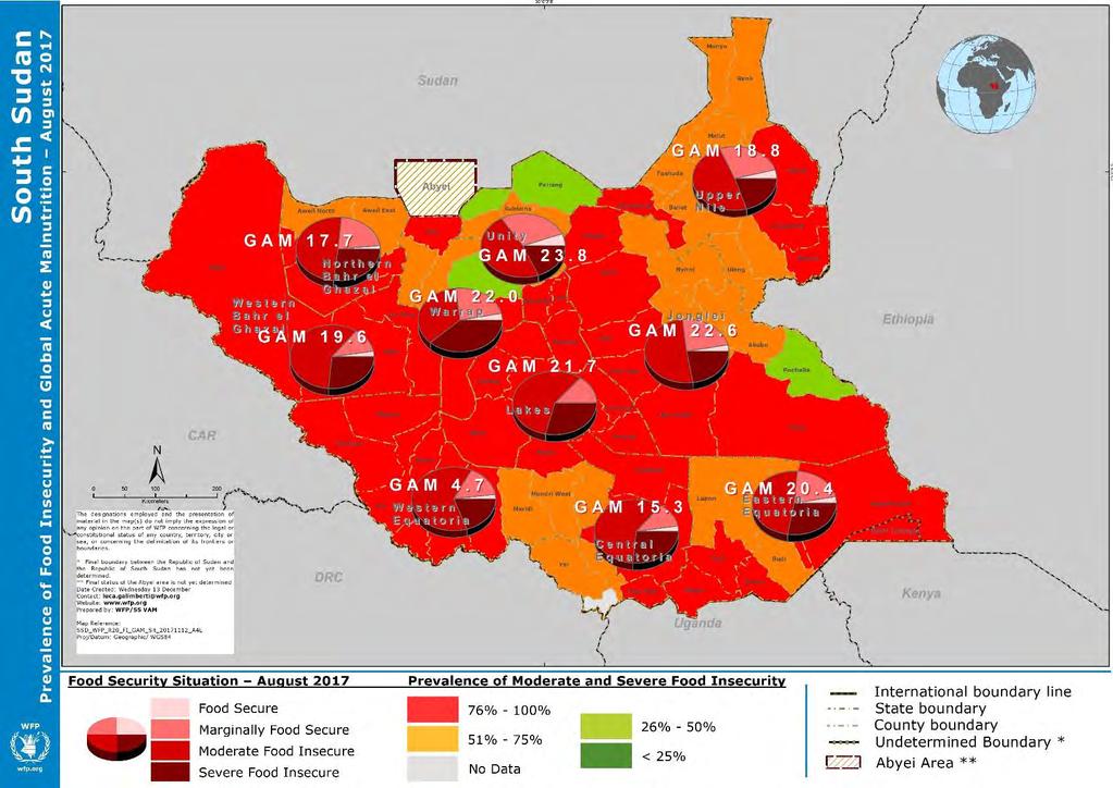 reached famine level in some counties in early 2017 with substantial improvement in Unity (75 percent to 65 percent), Northern Bahr el Ghazal (86 percent to 77 percent) and Upper Nile (80 percent to