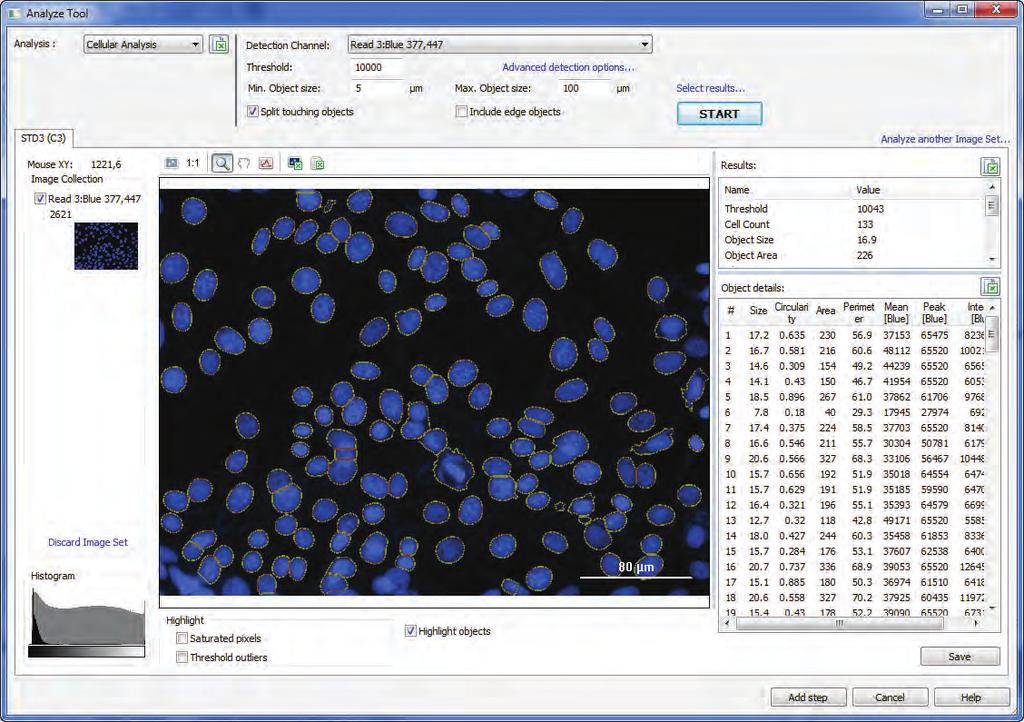 Figure 3. Cellular Analysis tab of Gen5 Image + : Analysis parameters are located above the 20x image of DAPI-stained nuclei.