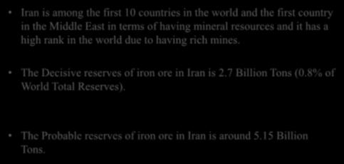 Current Status of Iron Ore Business in Iran Iran is among the first 10 countries in the world and the first country in the Middle East in terms of having mineral resources and it has a high rank in