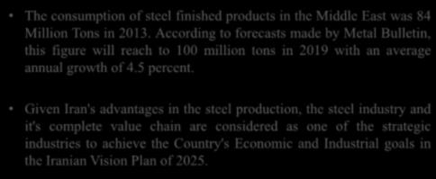 How is the Slowing Chinese Economy Affecting Trade Flows? Planning for completing the Steel Value Chain The consumption of steel finished products in the Middle East was 84 Million Tons in 2013.