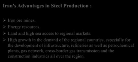 How is the Slowing Chinese Economy Affecting Trade Flows? Planning for completing the Steel Value Chain Iran's Advantages in Steel Production : Iron ore mines. Energy resources.