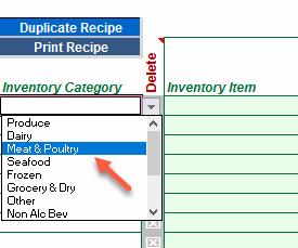 Now you can build your Sub Recipe step-by-step: Start with the first row and select the drop down arrow under the Inventory Category column.