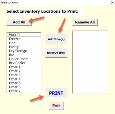 Print count sheets for all inventory locations by selecting the Add All button. This will move all categories to the right window pane. Then select PRINT.