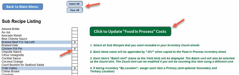 The program will add these items to the Food in Process inventory sheet (below).