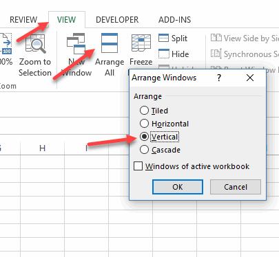 To view both worksheets side by side, use the "VIEW.
