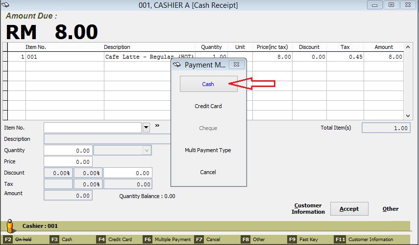 e. To close this transaction, you can choose the payment method either Cash,