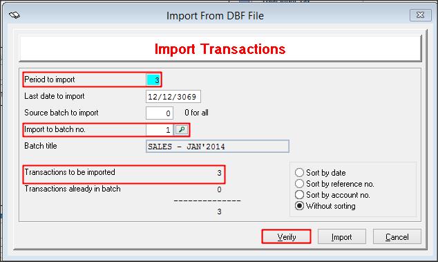 4. Select correct Period to import and Import to batch no.