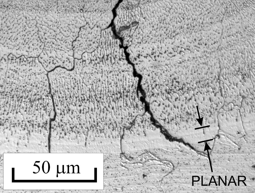 However, as the laser spot welds begin to cool, V increases, G decreases (Ref. 31), and the growth morphology changes from planar to cellular-dendritic (Refs. 9, 20, 21).
