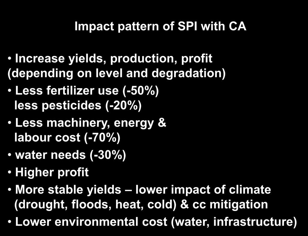 Grain yield (t/ha) Conservation Agriculture Impact pattern of SPI with CA Increase yields, production,