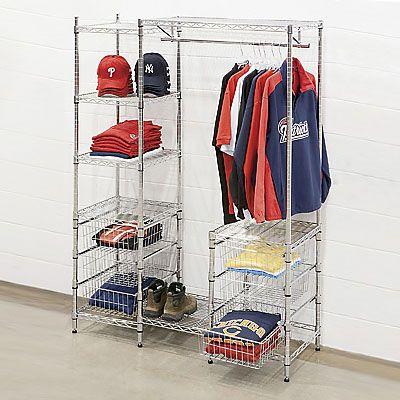 Type: Garment Storage Center With Shelves Model NO.: SRS015 Material Type: Steel Dimensions: 52 W x 18 D x 72"H Feature: Basket, shelving design Function: Display clothing/garment.