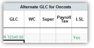 Field Alternate GLC for Oncosts Minimum required field? No You can transfer a selected oncost(s) (from superannuation, workers compensation, payroll tax and long service leave) to a different GLC.