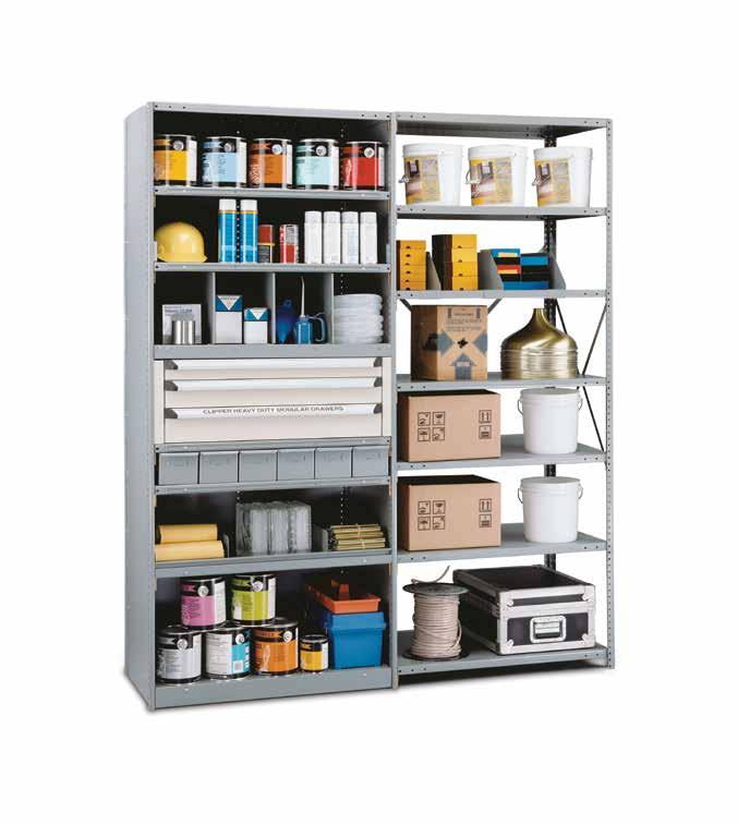 Clipper Shelving Versatile Shelving & Accessories Versatile Clipper Shelving can be accessorized for any job Back Panel Completely closes the back of shelving units and provides lateral stability