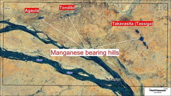 Location of Manganese Bearing Hills Takavasita 8 hills A to H also known as Tassiga Manganese mineralisation detected below surface