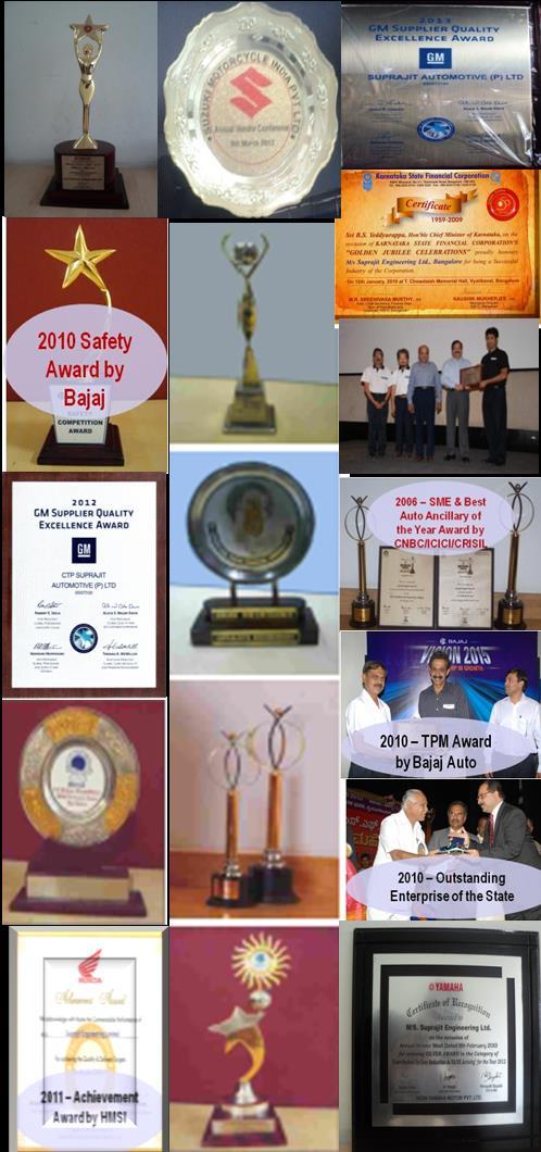 Other Awards Customer awards and recognitions Awards and recognitions : Volkswagen A Grade Supplier Award, Quality Performance Award.