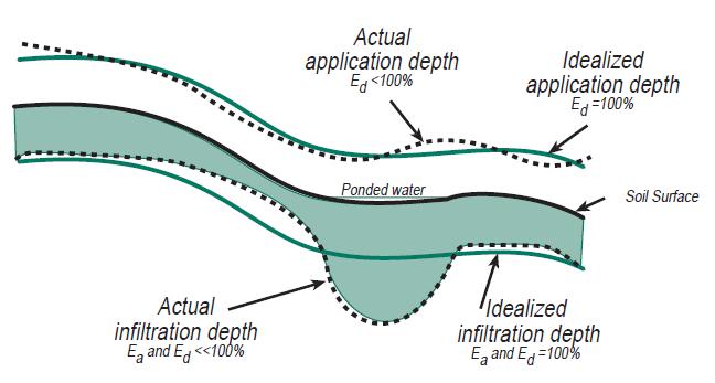 Figure 1: Illustration of a sprinkler package water distribution uniformity verses infiltrated water distribution uniformity in the soil (Rogers et al. 1997).