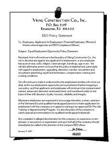 3. Contractor s EEO Policy Statement and Letter Appointing the company s EEO Officer for the Project. Required by 41 C.F.R 60-741.44.The Contractor must post the EEO Policy Statement.