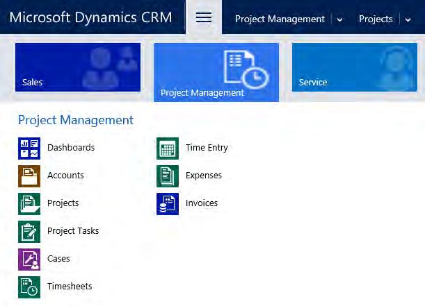 Crowe Project Management for Microsoft Dynamics CRM 2 Main Menu End User Navigation Projects Project Tasks Timesheets Time Entry Expenses Provides a list of Projects across Customer Accounts Provides