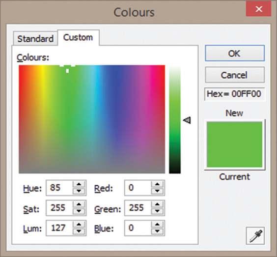You can use the Standard tab of the dialog to select from the range of standard Windows colours. You can use the Custom tab of the dialog to specify a precise colour.
