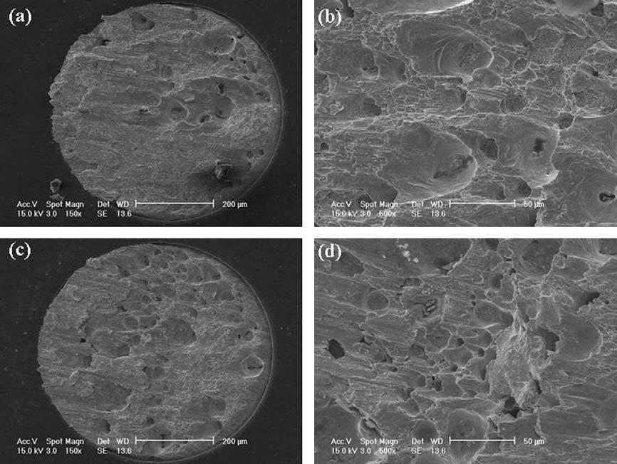 SEM fracture surfaces of (a, b) Sn Zn/3 wt% Sn Ag Cu and (c, d) Sn Zn/7 wt% Sn Ag Cu solder joints after eight reflow cycles. 4.