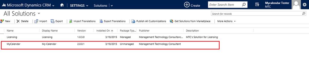 Activating License Key CRM->Settings->Solutions-> double click on My Calendar
