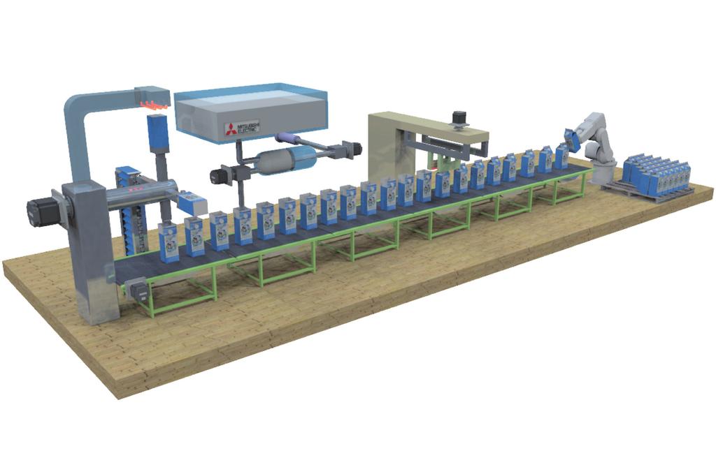 The conveyor carries each item to the filler station where two servos perform the filling process. Containers are then manually picked and placed onto a pallet.