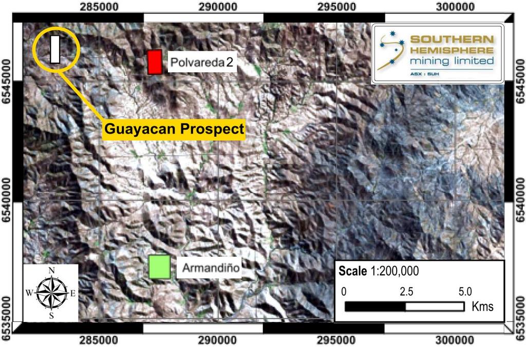 Guayacán located close to the recently secured Armandiño and Polvareda 2 Prospects. Channel sampling returns grades up to 4.13% Cu from surface and 1.27% Cu from underground.