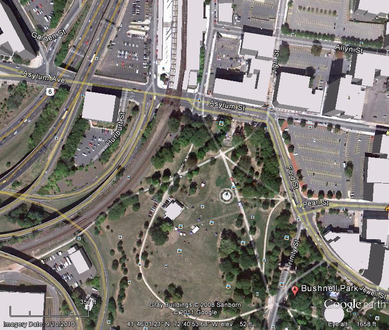 Figure 4-14 - Aerial view of Bushnell Park (with rail line on the left) Source: Googlearth, 2011 Impacts No-Build Alternative The No-Build Alternative would continue existing service to existing
