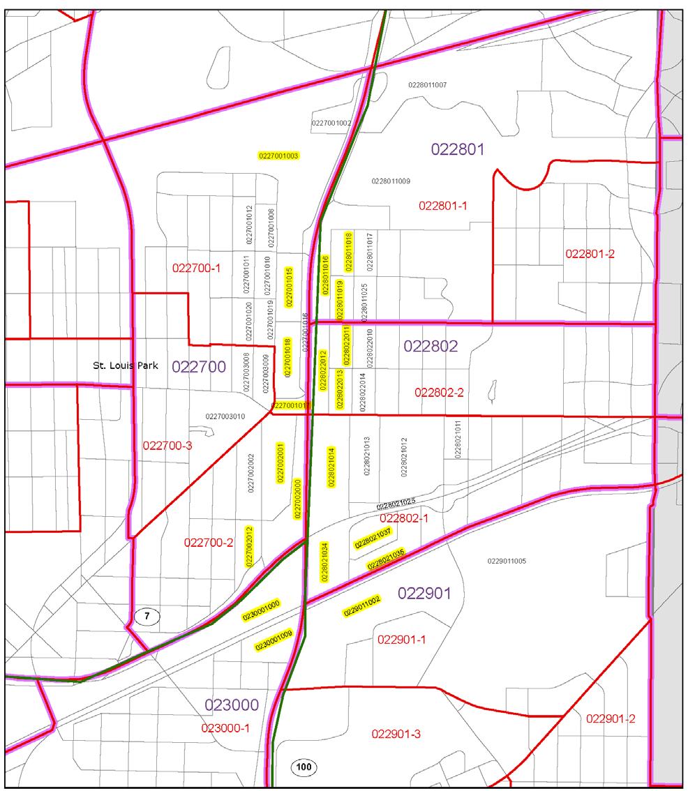 Figure 12 - Project area map of census tracts, block-groups, and blocks Figure notes: Tract numbers and boundaries are shown in purple,