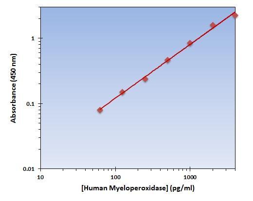The data and subsequent graph was obtained after performing a cytokine ELISA forhuman Myeloperoxidase.