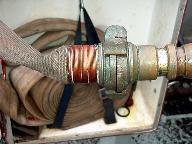 End coupling incorrectly secured to fire hose
