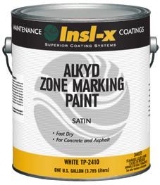 Touch 30 minutes Re-coat 4 hours White, black, yellow, and handicap blue Alkyd Zone Marking Paint [TP-24XX] A fast drying alkyd traffic paint for marking lanes on parking lots, warehouses, airports,