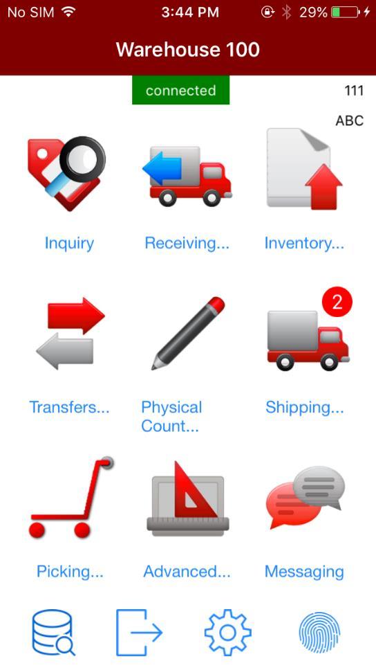 Main Applications Shipping icon Press the Receiving icon to move into the next screen.
