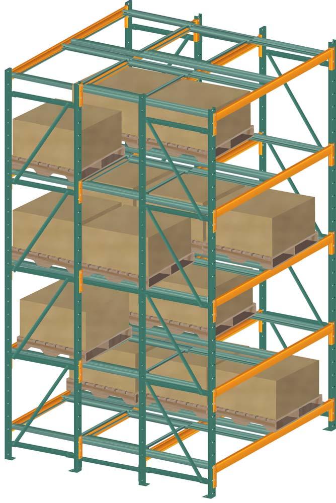 Assembly for multiple pallet depths Assembling a two-pallet system incorporates two rails and a cart that slides above