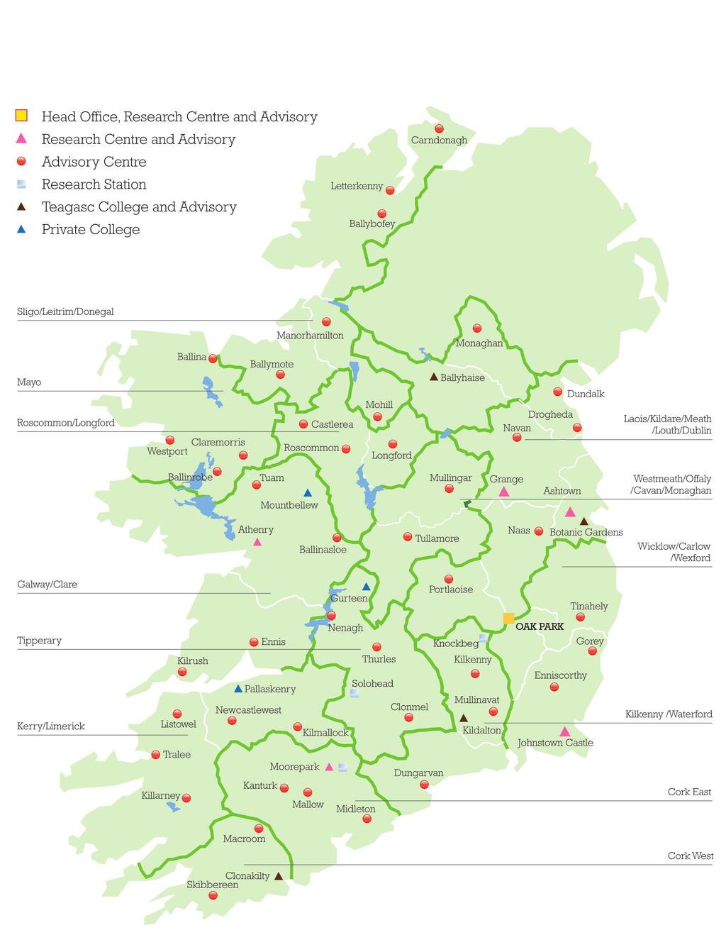 Teagasc has research centres, colleges and advisory offices located around the country, as outlined in the map below.