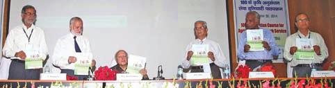 Dr M.S. Swaminathan (third from left) releases the souvenir FOCARS and After: Reminiscences, 1976-2014. Also seen from left are Drs D. Rama Rao, S. Ayyappan, M.V. Rao, E.A. Siddiq and S.L. Goswami.