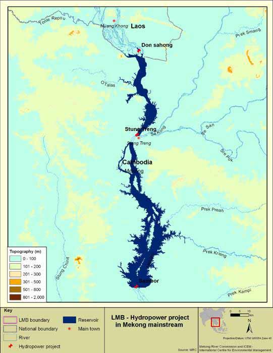 Reservoirs of proposed dams in Cambodia Stung Treng Dam + Embankments 10 km 22 m high (15 m