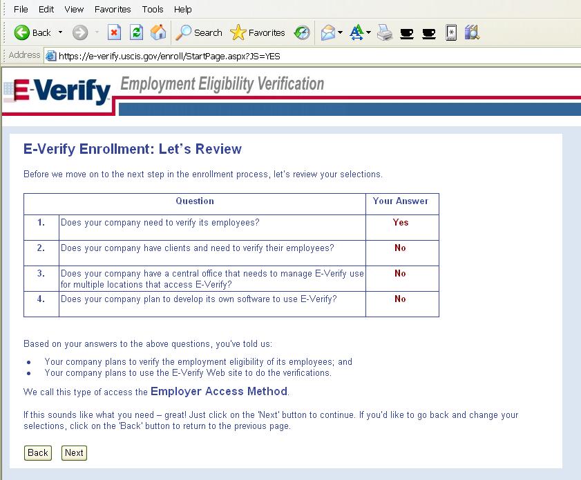 Based on your answers, E-Verify will