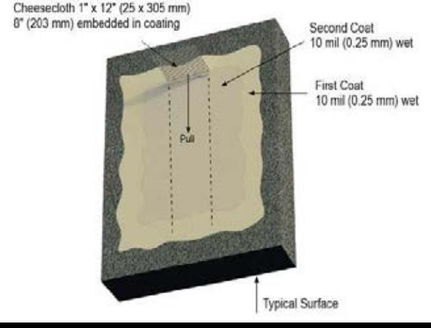 Figure 2: Test Procedure Diagram Cheesecloth 1 x 12 (25 x 305 mm) 8 (203 mm) embedded in coating Pull Second Coat 10 mil (0.25 mm) wet First Coat 10 mil (0.25 mm) wet Typical Surface 4.