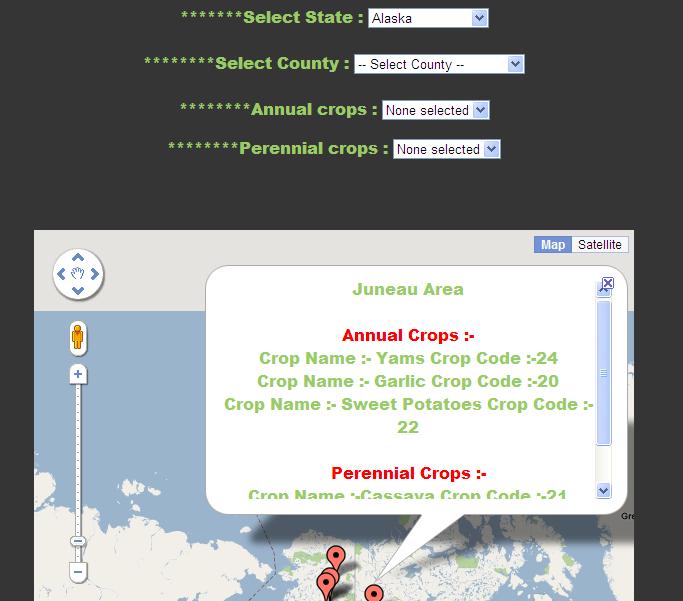 If a user selected a particular crop from any of this 2 drop-down boxes then detailed data for that selected crop is displayed in the marker plotted on the