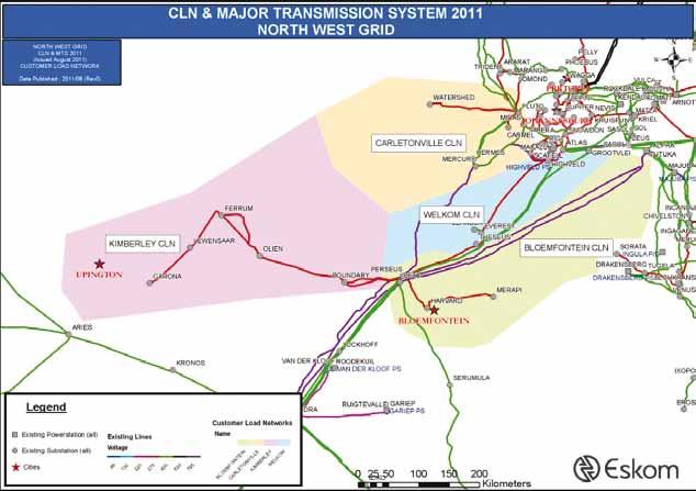 6.5 NORTH WEST GRID The North-West Grid is composed of four CLNs, namely Bloemfontein, Carletonville, Kimberley and Welkom. The current transmission network and CLNs are shown in Figure 6.9 below.