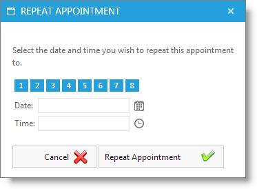 Right Click on Top of Appointment This option can be accessed by right clicking on top of the existing appointment and selecting the "Repeat Appointment" option.